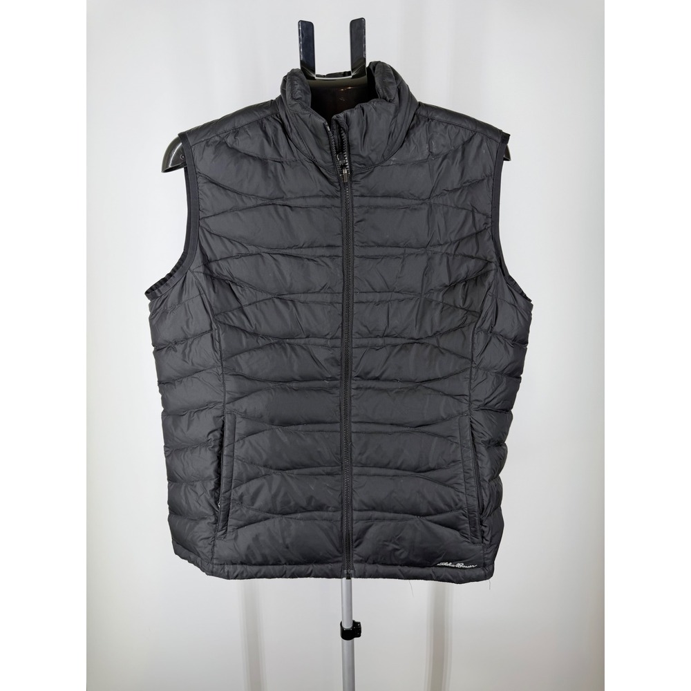 Eddie Bauer Black Wavy Quilted Puffer Vest‎ Full Zip Sleeveless Jacket Womens XL